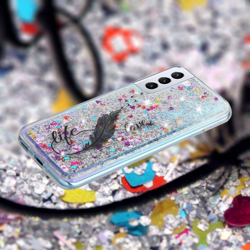 Coque Samsung Galaxy S24 Plus 5G Paillettes Liquides et Plumes