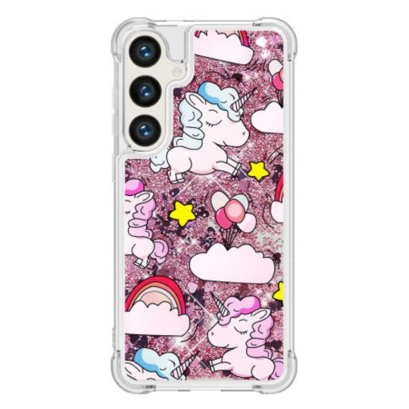 Coque Samsung Galaxy S24 Plus 5G Paillettes Liquides Licornes et Nuages