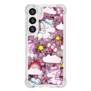 Coque Samsung Galaxy S24 Plus 5G Paillettes Liquides Licornes et Nuages