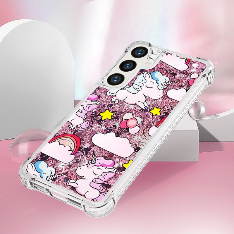 Coque Samsung Galaxy S24 Plus 5G Paillettes Liquides Licornes et Nuages