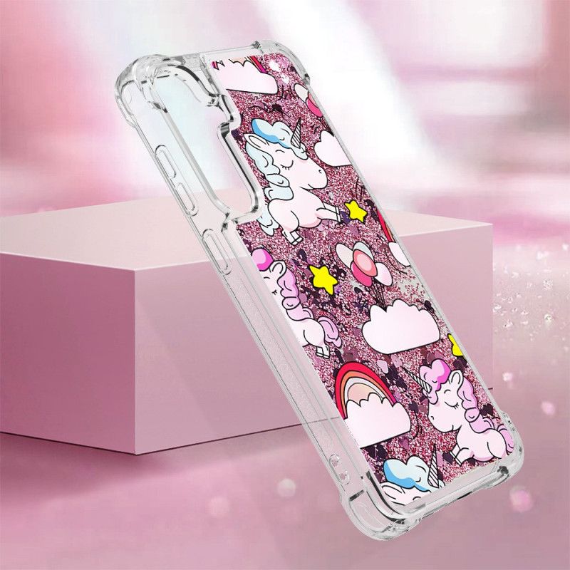 Coque Samsung Galaxy S24 Plus 5G Paillettes Liquides Licornes et Nuages