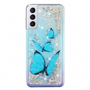 Coque Samsung Galaxy S24 Plus 5G Paillettes Liquides Papillons Bleus