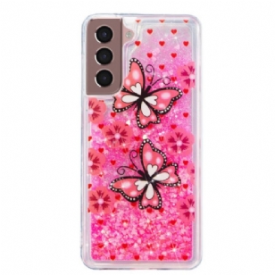 Coque Samsung Galaxy S24 Plus 5G Paillettes Liquides Papillons Rouges