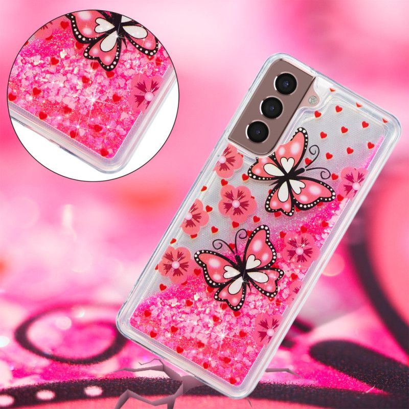 Coque Samsung Galaxy S24 Plus 5G Paillettes Liquides Papillons Rouges