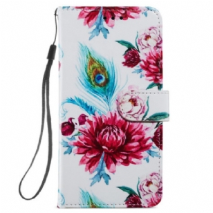 Housse Samsung Galaxy S24 Plus 5G Motif de Fleurs de Paon à Lanière