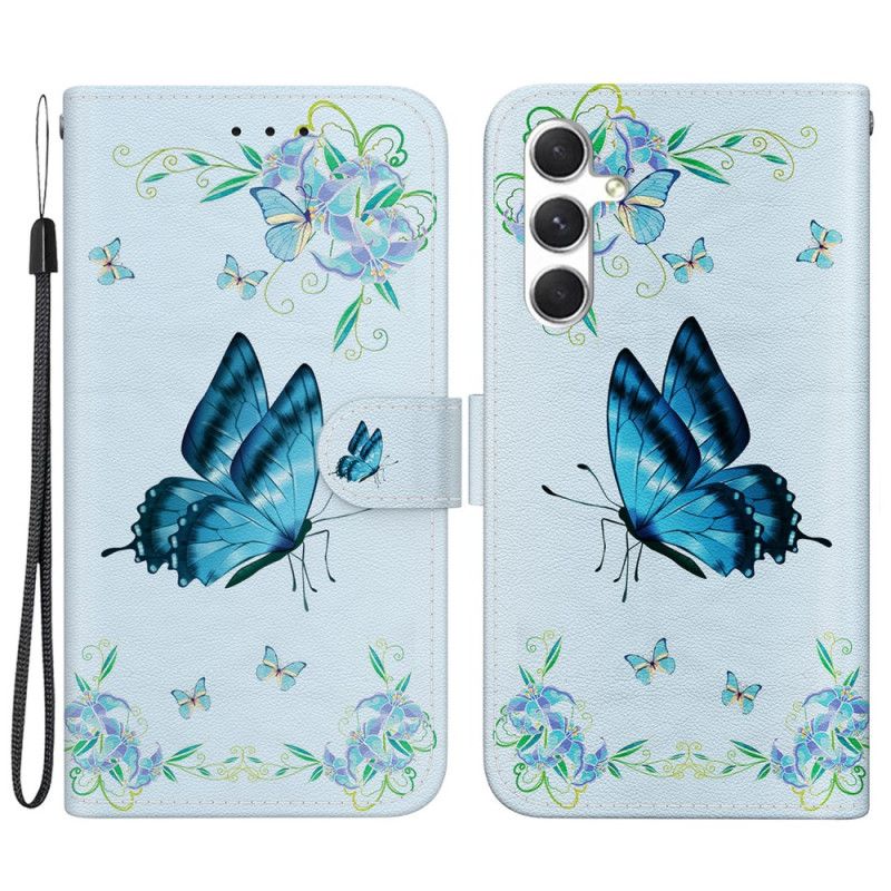 Housse Samsung Galaxy S24 Plus 5G Papillon Bleu et Fleur à Lanière