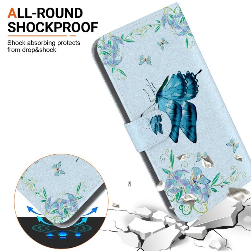 Housse Samsung Galaxy S24 Plus 5G Papillon Bleu et Fleur à Lanière