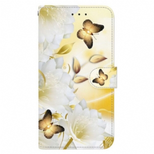 Housse Samsung Galaxy S24 Plus 5G Papillons Dorés et Fleurs à Lanière