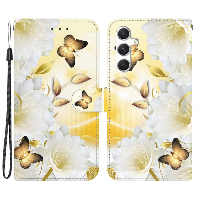 Housse Samsung Galaxy S24 Plus 5G Papillons Dorés et Fleurs à Lanière