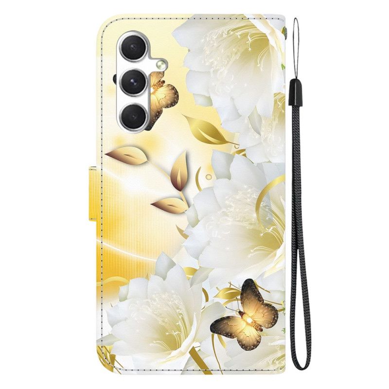 Housse Samsung Galaxy S24 Plus 5G Papillons Dorés et Fleurs à Lanière