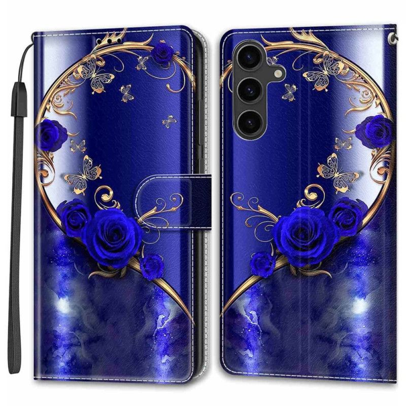 Housse Samsung Galaxy S24 Plus 5G Rose Bleue et Papillons Dorés à Lanière