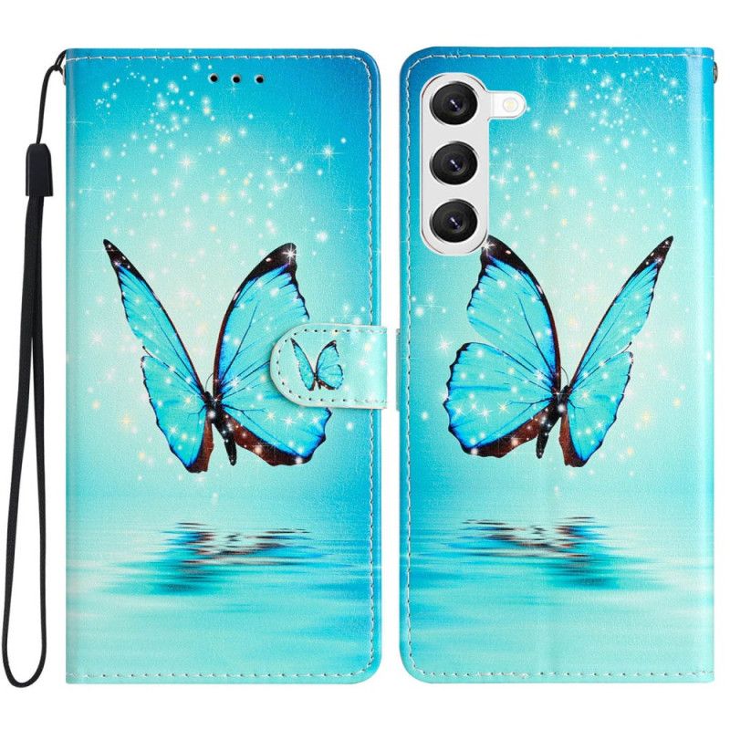 Housse Samsung Galaxy S24 Plus Papillon Bleu en Vol à Lanière