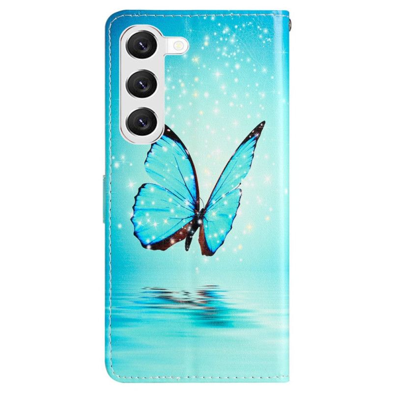 Housse Samsung Galaxy S24 Plus Papillon Bleu en Vol à Lanière