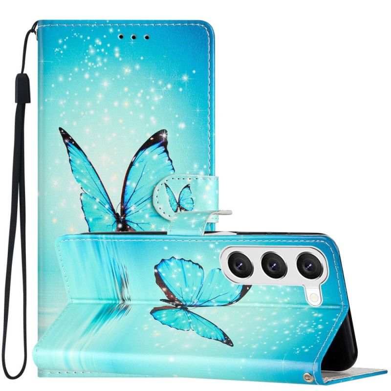 Housse Samsung Galaxy S24 Plus Papillon Bleu en Vol à Lanière