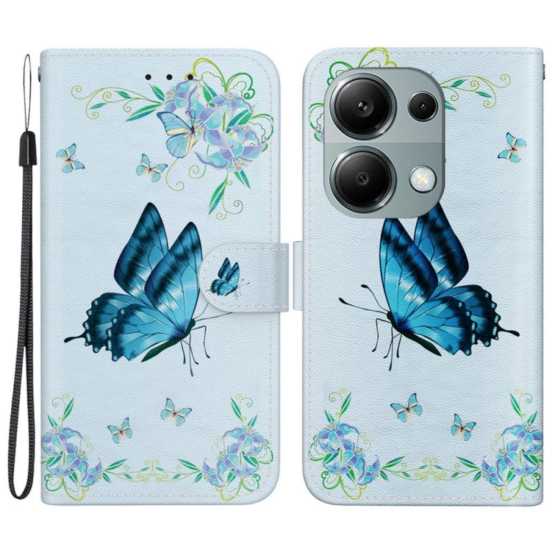 Housse Xiaomi Redmi Note 13 Pro 4G / Poco M6 Pro 4G Papillon Bleu et Fleurs à Lanière