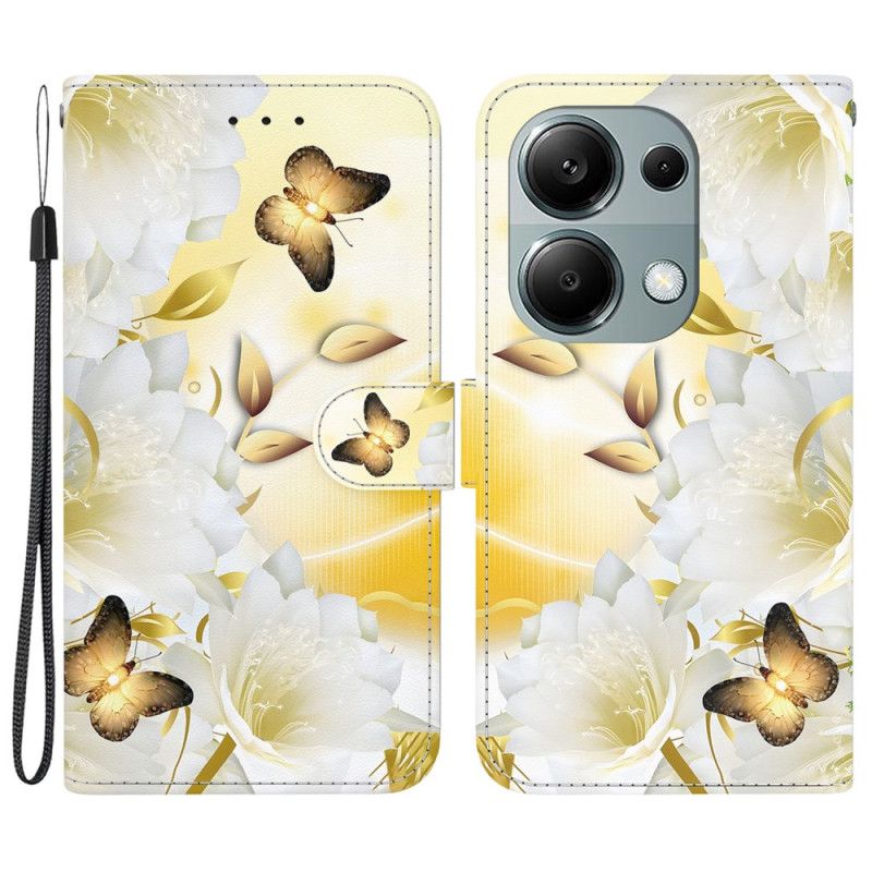 Housse Xiaomi Redmi Note 13 Pro 4G / Poco M6 Pro 4G Papillons Dorés et Fleurs Blanches à Lanière