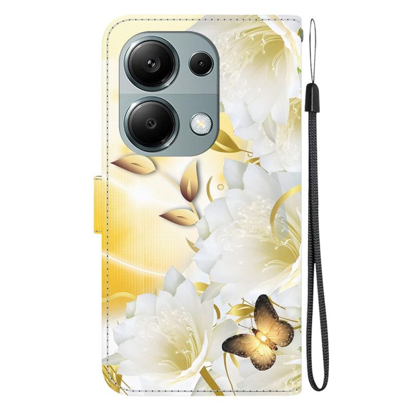 Housse Xiaomi Redmi Note 13 Pro 4G / Poco M6 Pro 4G Papillons Dorés et Fleurs Blanches à Lanière