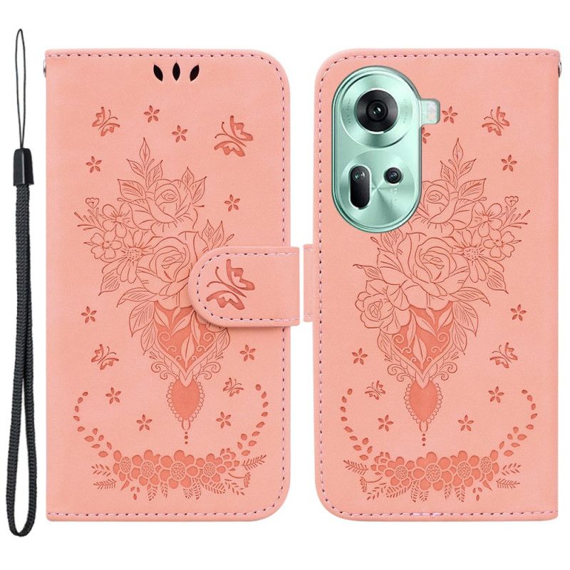 Housse Oppo Reno 11 5G Effet Daim Motif Fleurs à Lanière