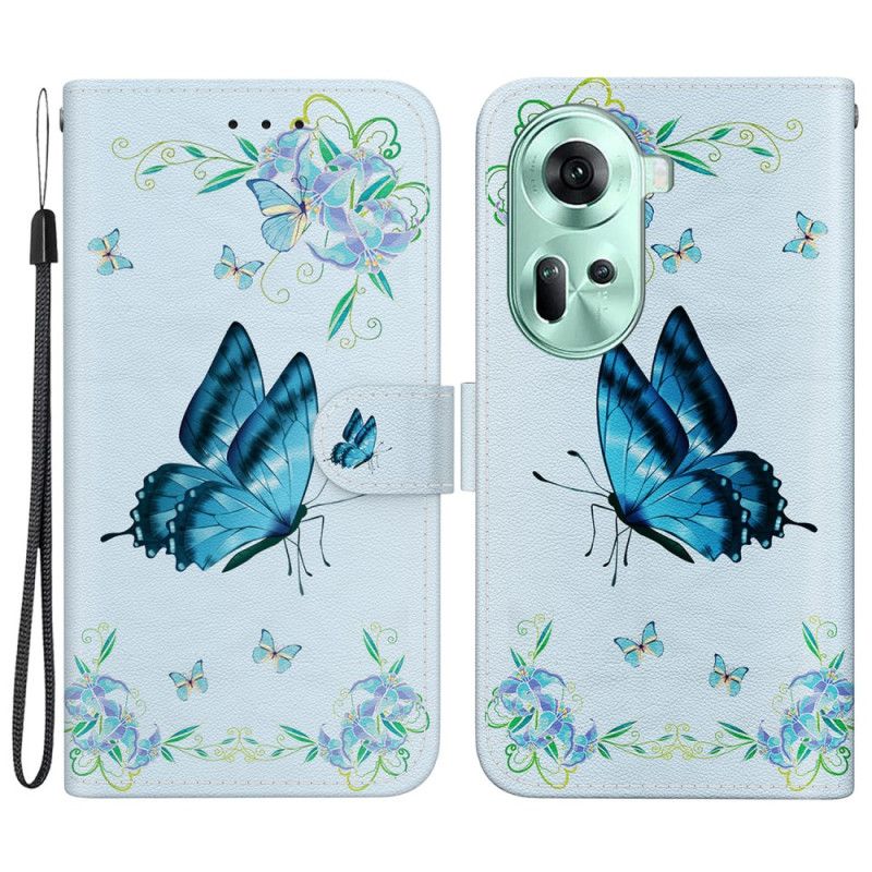 Housse Oppo Reno 11 5G Papillon Bleu et Fleurs à Lanière