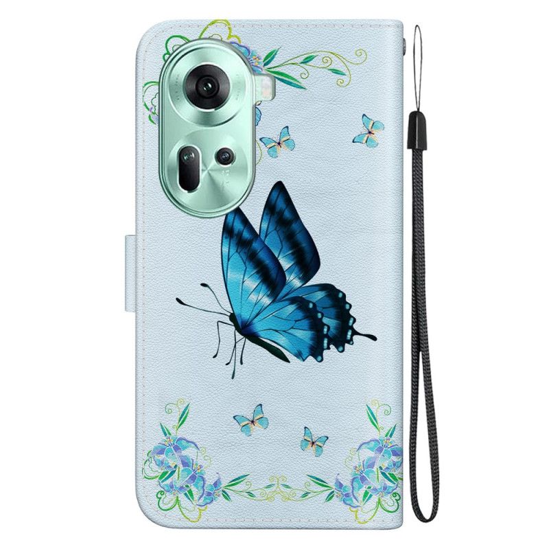 Housse Oppo Reno 11 5G Papillon Bleu et Fleurs à Lanière