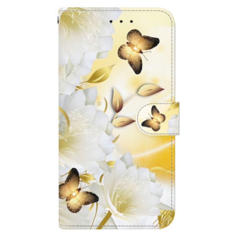 Housse Oppo Reno 11 5G Papillons Dorés et Fleurs à Lanière