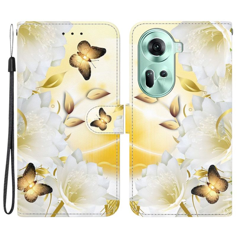 Housse Oppo Reno 11 5G Papillons Dorés et Fleurs à Lanière