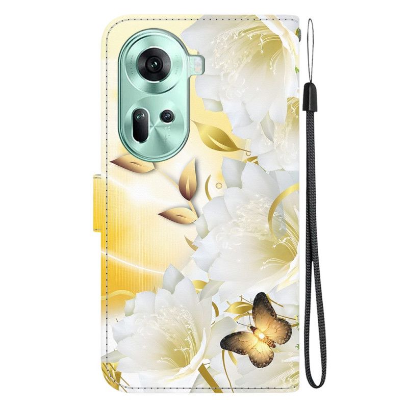 Housse Oppo Reno 11 5G Papillons Dorés et Fleurs à Lanière