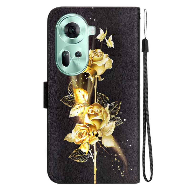 Housse Oppo Reno 11 5G Papillons Dorés et Roses à Lanière