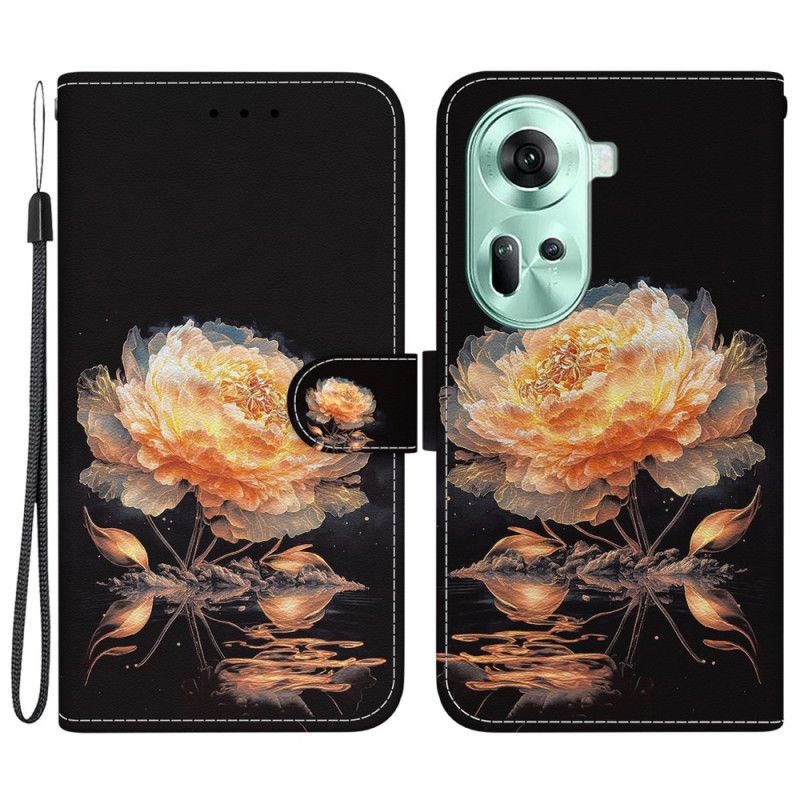 Housse Oppo Reno 11 5G Pivoine Dorée à Lanière