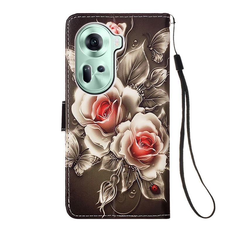 Housse Oppo Reno 11 5G Roses à Lanière