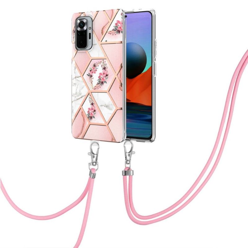 Coque Xiaomi Redmi Note 10 Pro marbre et couronne de fleurs à cordon