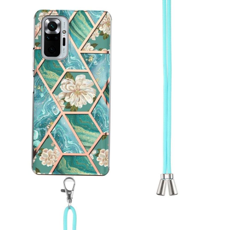 Coque Xiaomi Redmi Note 10 Pro marbre et fleurs blanches à cordon