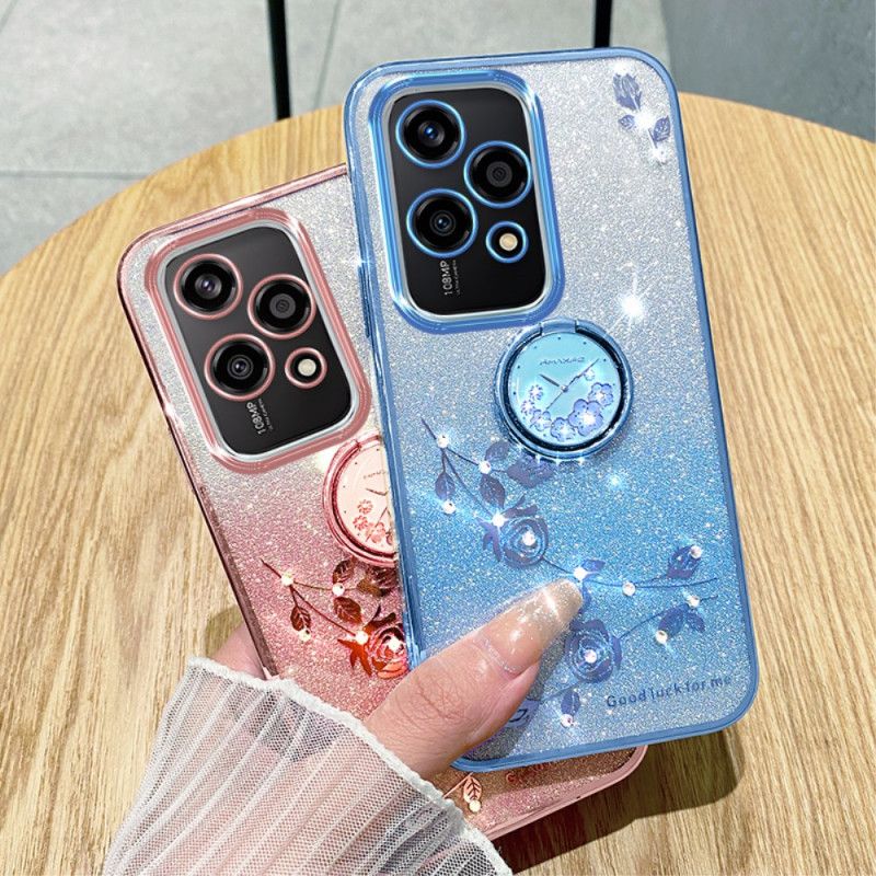 Coque Honor 200 Lite Anneau-Support Fleurs et Strass