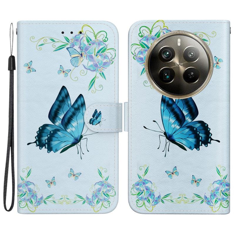 Housse Realme 12 Pro / 12 Pro Plus Papillon Bleu et Fleurs à Lanière