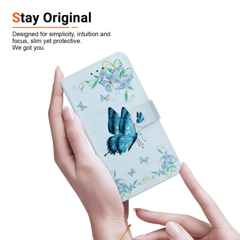 Housse Realme 12 Pro / 12 Pro Plus Papillon Bleu et Fleurs à Lanière