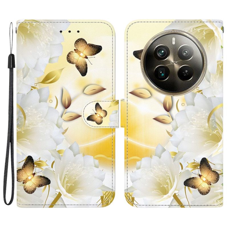 Housse Realme 12 Pro / 12 Pro Plus Papillons Dorés et Fleurs à Lanière