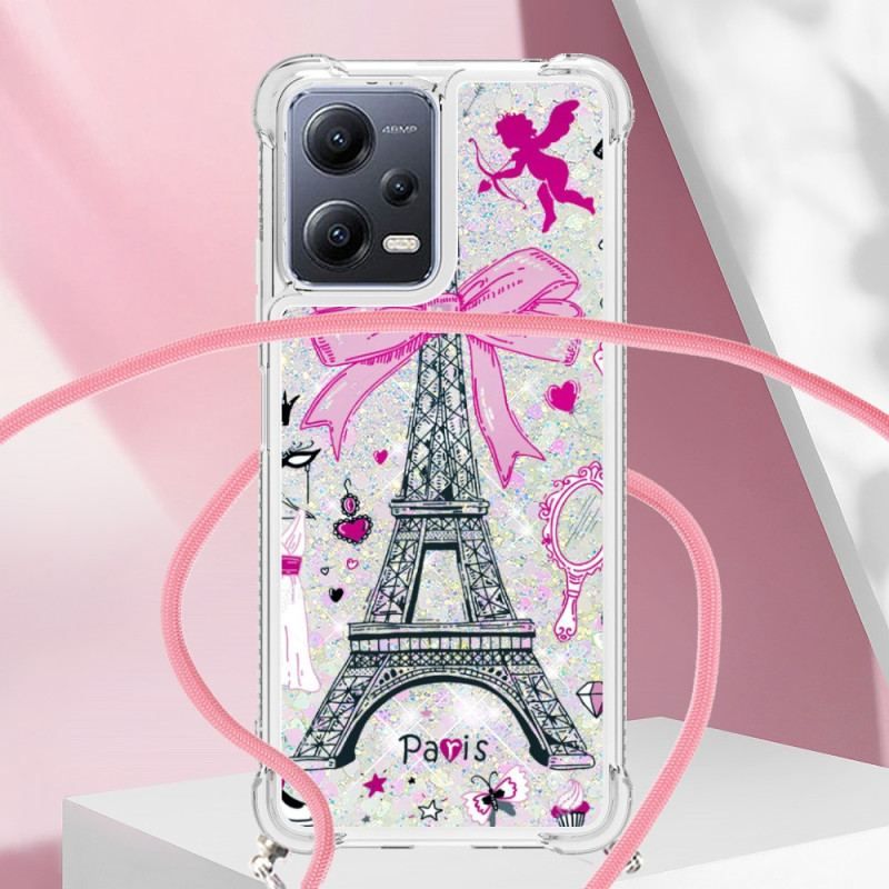 Coque Xiaomi Redmi Note 12/Poco X5 5G à Cordon Paillettes Tour Eiffel