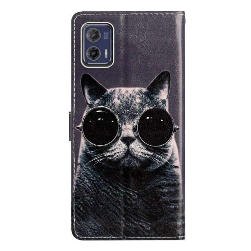 Housse Moto G73 5G Chat à Lunettes à Lanière