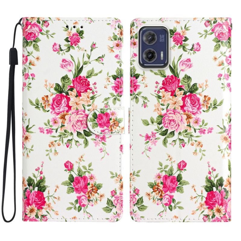 Housse Moto G73 5G Fleurs Liberty à Lanière