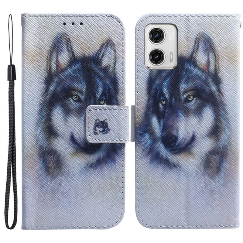 Housse Moto G73 5G Loup Aquarelle à Lanière