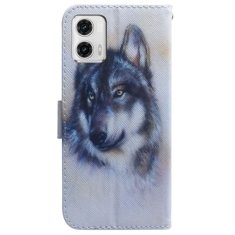 Housse Moto G73 5G Loup Aquarelle à Lanière