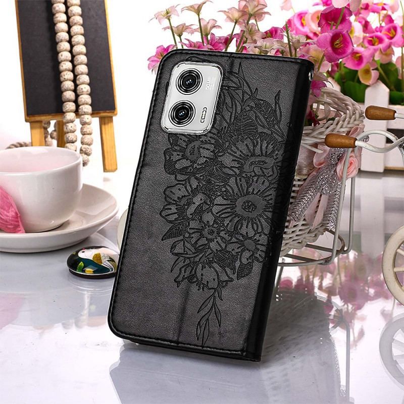 Housse Moto G73 5G Papillon Floral à Lanière