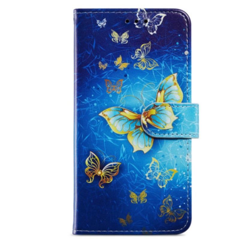 Housse Moto G73 5G Papillons Dorés à Lanière