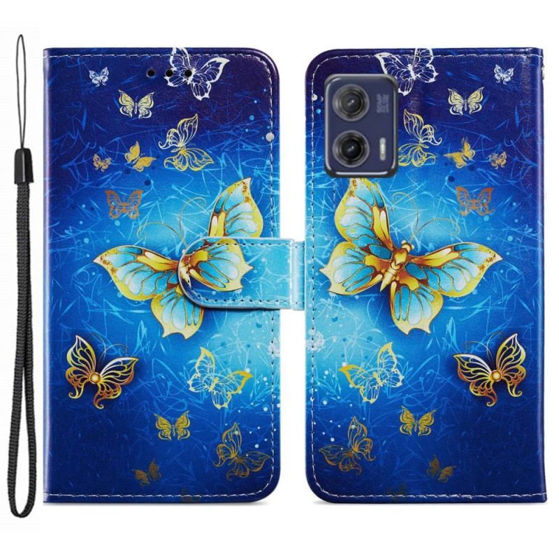 Housse Moto G73 5G Papillons Dorés à Lanière