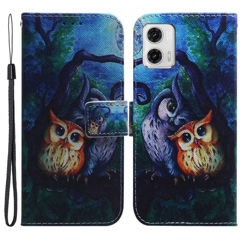 Housse Moto G73 5G Peinture Hiboux à Lanière