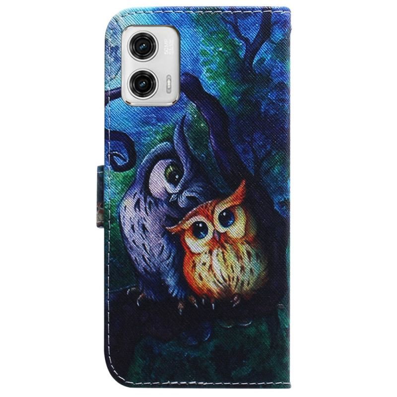 Housse Moto G73 5G Peinture Hiboux à Lanière