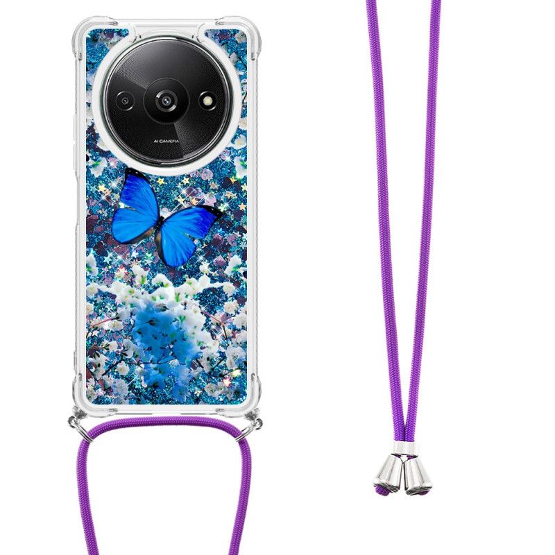 Coque à Cordon Xiaomi Redmi A3 / Poco C61 Paillettes Papillon bleu