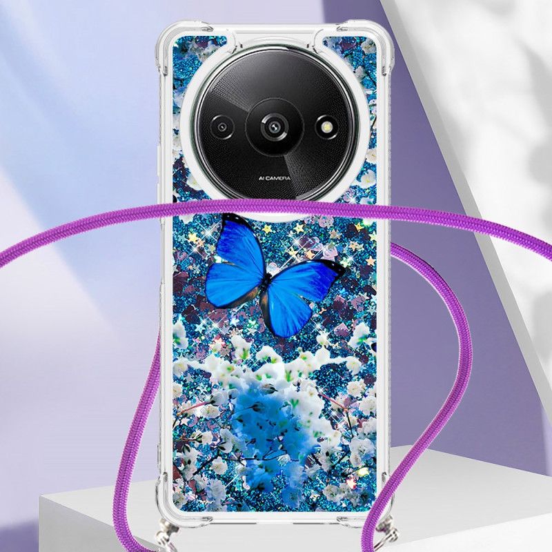 Coque à Cordon Xiaomi Redmi A3 / Poco C61 Paillettes Papillon bleu