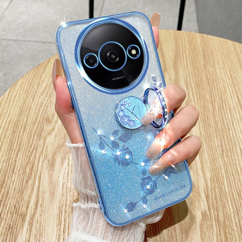 Coque Xiaomi Redmi A3 / Poco C61 Anneau-Support Fleurs et Strass KADEM