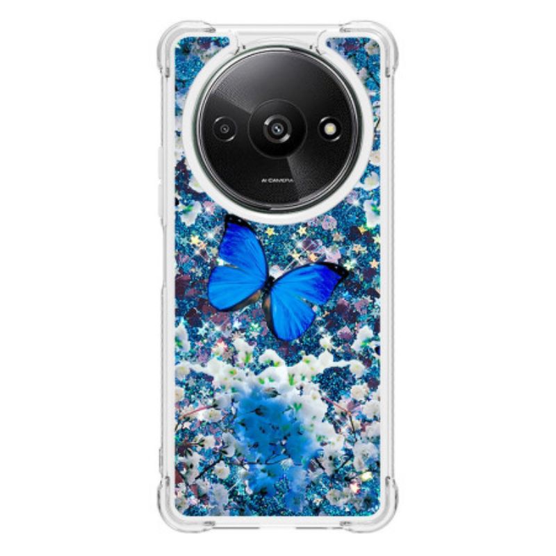 Coque Xiaomi Redmi A3 / Poco C61 Paillettes Papillon Bleu